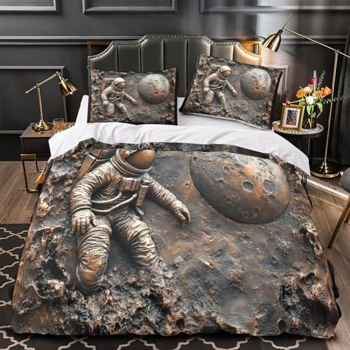 VWENOLRIX Astronaut auf dem Mond 3D Bedruckt Bettdeckenbezug 3teilig Mikrofaser farbbeständig Weltraumforschung Bettbezug 2 Kissenbezüge pflegeleicht Erwachsene Familie Double?200x200cm?
