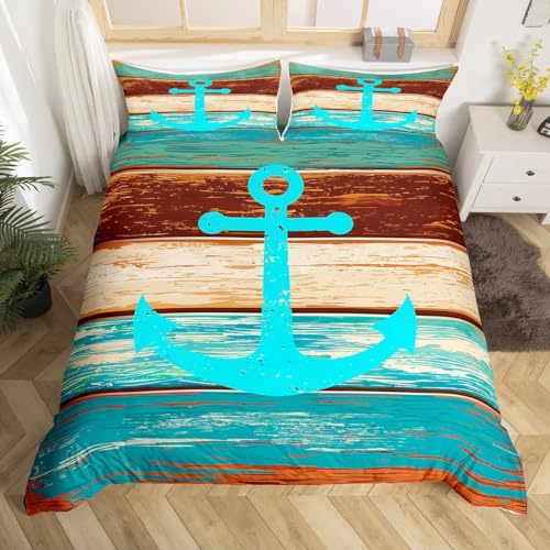 Manfei Blauer Anker Bettbezug Set M Größe,Türkis Farbe Braun gestreifte alte Holz Tröster Abdeckung Rustikale Bauernhaus Bettwäsche Kinder Jungen Zimmer Dekor,Meer Nautische Quilt Cover,1 Kissenbezug