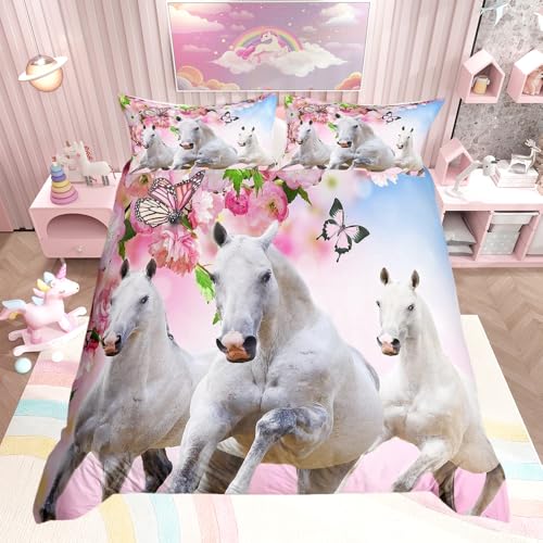 Loussiesd Bettwäsche-Set für Einzelbett, Pferd, Rosa, Blumen, weißer Pegasus, Bettbezug, Kirschblüte, Schmetterling, Bettdeckenbezug-Set, 3D-Wildtiere, Schlafzimmer-Dekoration