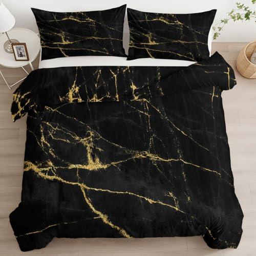 XCQHZYQ Bettwäsche 180x200 cm Marmor Schwarz Gold 3 Teilig Bettwäsche Bettbezug Set Mikrofaser Bettbezüge für Erwachsene Kinder, Deckenbezug mit 2 Kissenbezug 80x80 cm