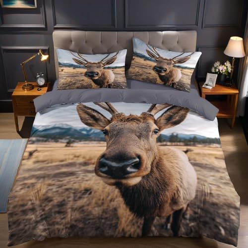 Tier Elch Bettbezug 155 x 220 cm Brown Mikrofaser Bettwäsche Set weich für Jugendliche Kinder Modern Schlafzimmer Dekor mit Kissenbezug 80 x 80 cm