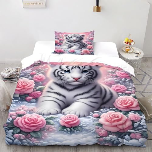 CoVeTviCT White Tiger Pink Bettwäsche Kinderbettwäsche-Set Reißverschluss Mit Tiermotive Wildtiere Kissenbezug Betten Set Für Jungen Und Mädchen, Kinder Single?135x200cm?