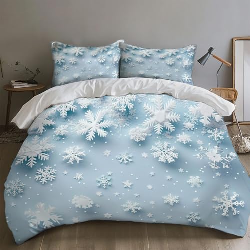 SKOEUI Bettwäsche 155x220 cm 3Teilig Fantasie-Schneeflocken Bettwäsche-Sets Bügelfrei Microfaser Bettbezug mit Reißverschluss Allergiker Bettdeckenbezug mit 2 mal Kissenbezug 80x80 cm Hellblau