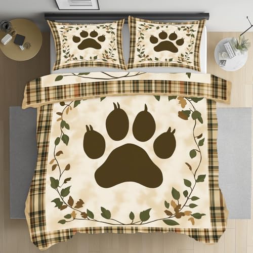 LLponhg Bettwäsche 135x200 Landhausstil Pfotenabdruck Bettwäsche Set Weich Microfaser Kuschelige Bettwäsche, Muster Karierte Wendebettwäsche Rustikaler Laub Bettbezug und Kissenbezug 80x80cm