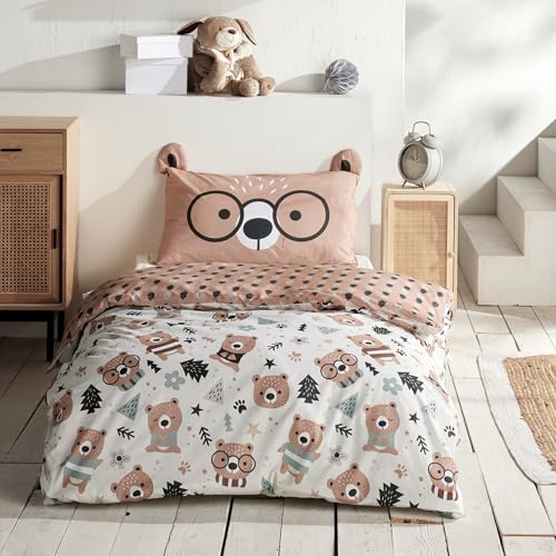 Bettwäsche Set Bär 2-teilig - 135x200 cm Deckenbezug & 80x80 cm Kissenbezug mit Ohren - Kinderbettwäsche Braun mit Bärchen - 100% Baumwolle mit Reißverschlüssen - Renforcé Qualität, Oeko-Tex