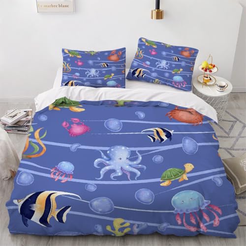 Generisch 3D Maritime Bettwäsche 200x200 cm 3teilig Fische Quallen Bettbezug mit Reißverschluss 100% Mikrofaser Leicht Atmungsaktive Bettwaren Set mit 2 Kissenbezüge 80x80?Muster 77-5?