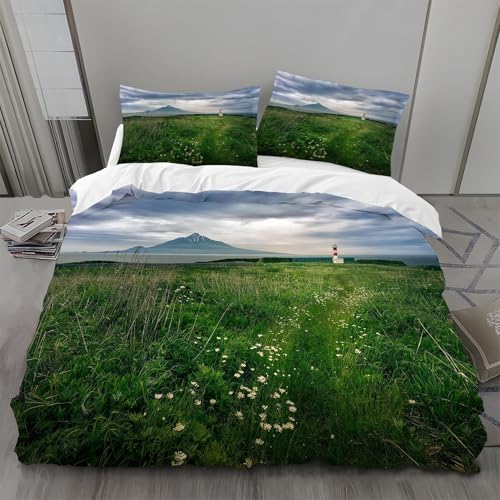 Bettwäsche 135x200 Leuchtturm Bettwäsche-Sets Grasland Bettbezug Weiche Atmungsaktiv Mikrofaser mit Reißverschluss und 2 Kissenbezüge 80x80 für Kinder Geeignet