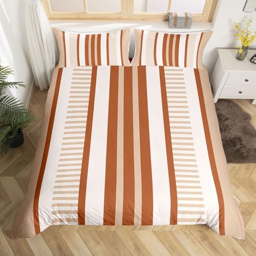 Homemissing Moderne Geometrie Bettwäsche Set 200x200cm gestreift Bettwäsche-Set Beige Braun Bettbezug mit 2 Kissenbezüge Scheckered mit Reißverschluss