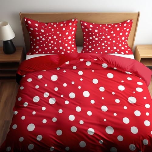 Bettwäsche Einfache Rot-Weiße Punkte Wende Bettwäsche Granatapfelrot hochwertig Bettwaesche für Allergiker geeignet Bettbezug mit Reißverschluss und 1 Kissenbezug 135 x 200 cm