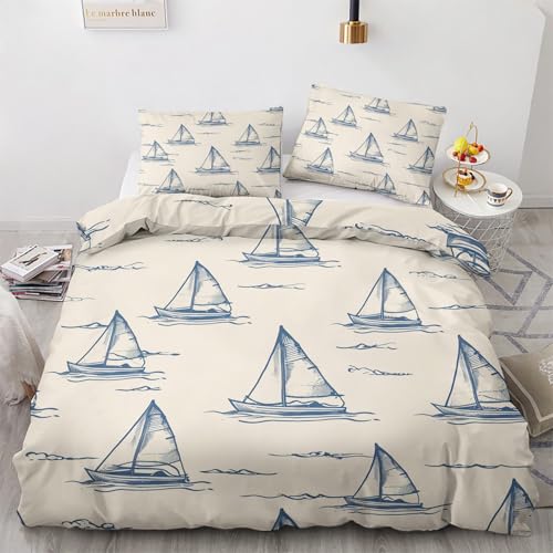 zcwl Vintage Segelboot Bettwäsche 155x220, Küste Maritim Bettbezug Set 2 teilig, Weiche Kuschelige Mikrofaser Bettwäsche-Sets, Wendebettwäsche und 1 Kissenbezug 80x80 mit Reißverschluss
