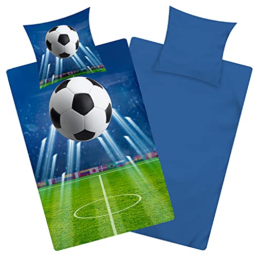 Aminata Kids - Fußball Bettwäsche 135x200 Jungen - Fussball-Fan-Motiv Baumwolle - mit Reißverschluss - Wende Teenager-Kinder-Bettwäsc he-Set in blau grün