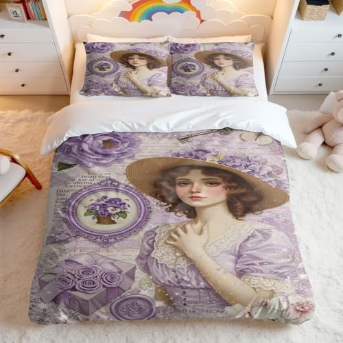 Vintage Collage Rose Aroma Bettbezug-Set, elegante rosa Blumen-Bettwäsche, perfekt für Schlafzimmer und Hochzeitsdekoration (05, Doppelbett 200 x 200 cm + 65 x 65 cm x 2)