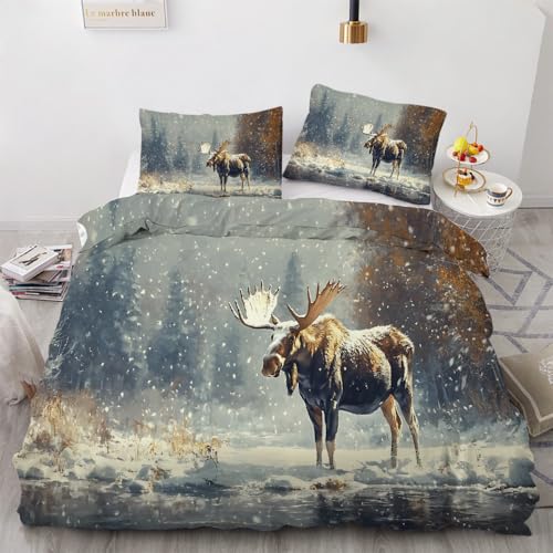 RLYXGS Elch Bettwäsche 200x200 Hirsch Winter Bettwäsche Set 3teilig Kinder Erwachsene 100% Mikrofaser Bettbezug Weich Winter Wendebettwäsche mit Reißverschluss und 2 Kissenbezüge R1599