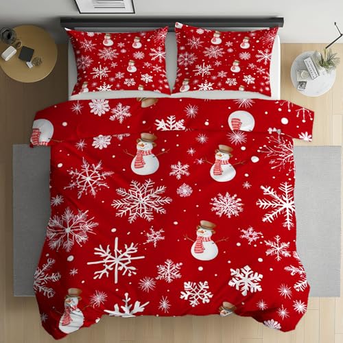Kioldoq Schneeflocke Weihnachten Bettwäsche 200x200 cm, Schneemann Winter Bettbezug Aus Microfaser, Schnee Rot Bettwäsche Set Weich Wendebettwäsche Mit Reißverschluss 3er Set Und 2 Kissenbezug
