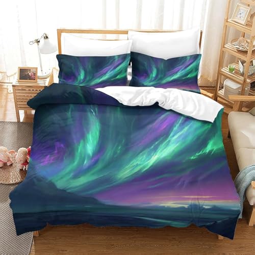 Bettwäsche 140x200 Aurora 3D Weich Mikrofaser Bettbezug 140 x 200 Grün & Violett Bettwäsche-Sets 3 Teilig Bettbezüge mit Reißverschlus und 2 Kissenbezug 80x80cm a_927