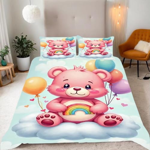 Zbeiba Cartoon Pink Bear Bettwäsche 135x200,Kinder Mikrofaser Bettbezug mit Reißverschluss und 2 Kissenbezüge(135x200+2 * 50x75,#6