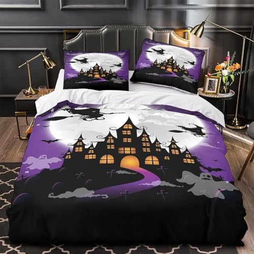 VOXYTMLWG Halloween Katze 3D-gedrucktes 3 Stück Schwarz and Weiß Bettbezug Bettwäsche mit Reißverschluss Bequem Pflegeleicht for Erwachsene,Kinder,Männer ,Fans Single?135x200cm?