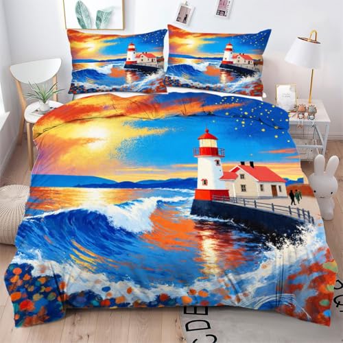 Gumntun Bettwäsche 135×200 cm Blauer Meer Leuchtturm, 3D-Gedruckt Microfaser Bettbezug-Set mit Reißverschluss, Maschinen Waschbar & Einfach zu Pflegen Bettdeckenbezüg für Schlafzimmer_B212