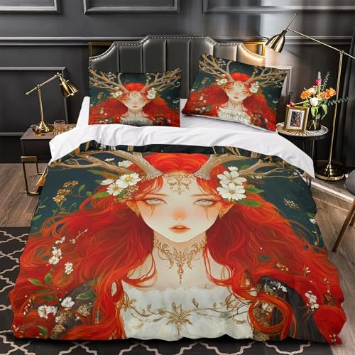 Flidais,Mother of Hirsche 3D Gedruckt Bettwäsche Set Keltische Mythologie 3 Teilig Microfaser Kuschelig Bettbezug Luxus Modern Reißverschluss Bettwäsche Set Für Jungen Mädchen Single?140x200cm?