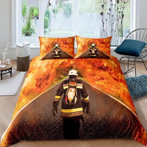 PUOJIEAT Bettwäsche 135x200 Feuerwehrmann Weich Mikrofaser Bettwäsche-Sets Feuerwehr Thema Bettbezug mit 1 x Kissenbezug 80x80 cm 3D Bettzeug Set r.638