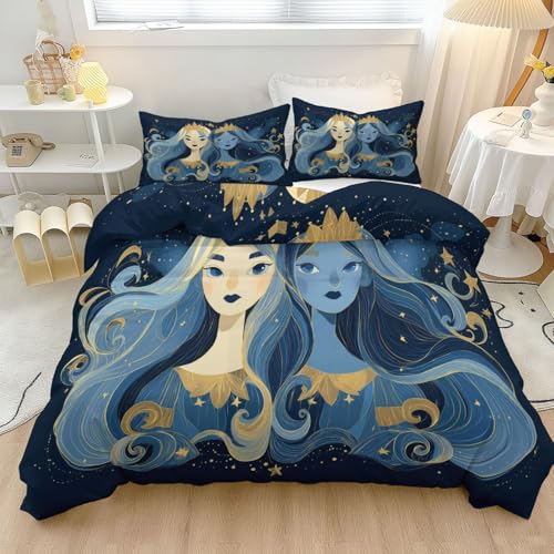 135 x 200 cm Bettwäsche Zeichentrickfilm Prinzessin Krone Sternenhimmel Bedruckte Bettbezug mit Eckbändern, Einfache Pflege, Blau Gelb 3-Teiliges Bettwäsche Set mit Reißverschluss und 2 Kissenbezug