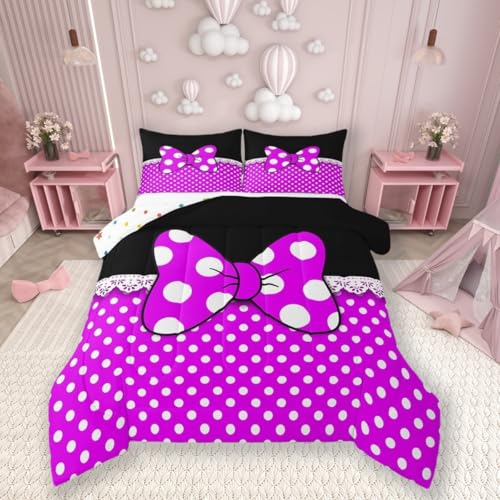 Niedliches Kinder-Bettwäsche-Set mit Schleife, volle Größe, Schlossfee, Prinzessin, verträumte Fliege, Mädchen/Frauen, Raumdekoration, geometrische Punkte, Patchwork-Daunendecke, lila, romantische