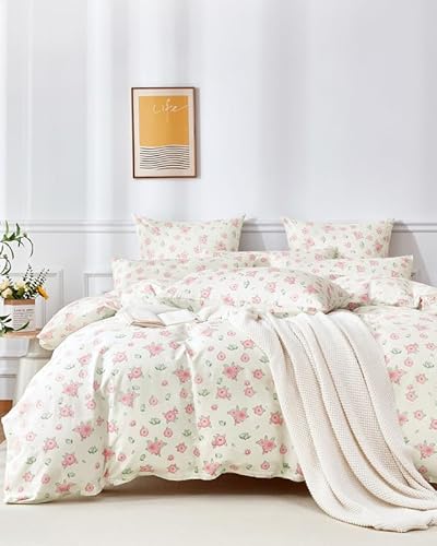 Gezu Bettwäsche Baumwolle 135x200 cm Rosa Weiß Blätter Blumen Muster Pflanzen Wende Bettwäsche Set Bunt 100% Baumwolle Allergiker Rosa Weich Bettwäsche mit Reißverschluss und Kissenbezug 80x80 cm