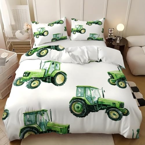 3 Teilig Bettwäsche-Set für Doppelbett Cartoon Traktor Extra Weiches Bettwäsche-Set, Allergiker Bettbezüge GrüN Microfaser Bettbezug 240x220 cm mit 2 Kissenbezug