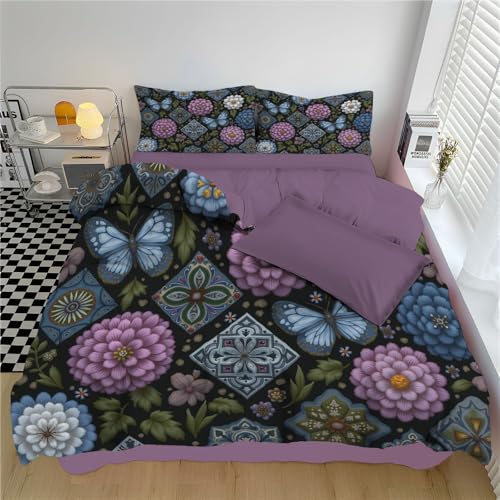 Bettwäsche 240*220cm Dunkelbraun Aquarell-Patchworkmuster Bettbezug Set 3 Teilig Schmetterlinge und Blumen Blümchen Blumenmuster Weich Bettwäsche-Sets mit 2 Kissenbezüge 80x80 cm und Reißverschluss