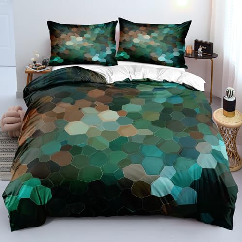 Bettwäsche 200x220 mit Geometrischem Sechseckmuster In Türkis und Braun, Abstrakter Patchwork-Bettbezug, Moderner Luxus-Bettbezug, Weich und Pflegeleicht (King-Size).