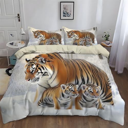 Bettbezug Set 135x200cm Schneetier Tiger Bettwäsche Set 3 Teilig, Weich und Bügelfrei Bettbezug mit Reißverschluss und 2 Kissenbezüge 80x80cm, für Allergiker geeignet