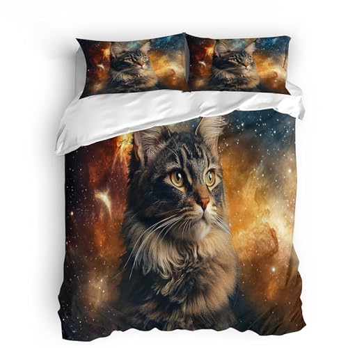Bettbezug 200x200 cm 3D Katze Wolken Tiere Muster Design Intensive Farbe Mikrofaser Bettwäsche Sets Warm Und Sanft Bettbezug mit ReißVerschluss Und EckbäNdern + 2 Kissenbezug 80x80 Flauschig