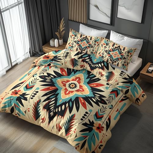 Generisch Indisch Bettwäsche 135x200 2er Set Mit Azteken Western Landhausstil Muster, Bettbezug Set Bügelfreie Bettwäsche Mit Reißverschluss, Kissenbezug, Indisch Deko