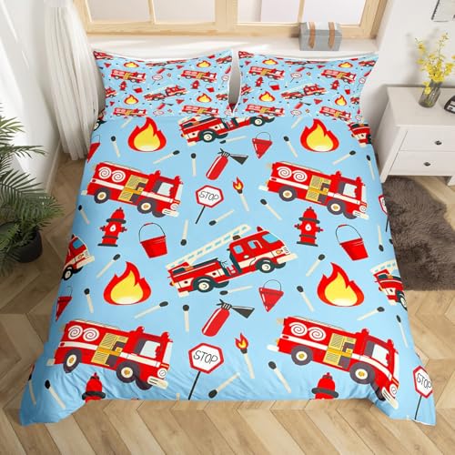 Feuerwehrauto Bettbezug Set S Größe,Rote Feuerwehrauto Bettwäsche,Kinder Jungen Teens,Feuerwehrmann Transport Tröster Abdeckung Cartoon Feuerwehrmann Auto Fahrzeug Quilt Cover mit 1 Kissenbezug