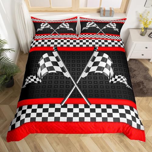 feelingyou Bettwäsche-Set mit Rennwagen-Motiv, Einzelbett, schwarz-weiß, Karierte Flagge, für Kinder, Jungen, Herren, rote Streifen, Gitter, kariert, gestepptes Bezug-Set mit 1 Kissenbezug