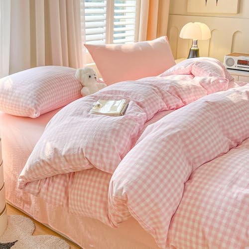 Nayoroom Bettwäsche 135x200 Rosa Weiß Kariert Landhausstil Style Bettbezug 2teilig Karo Geometrische Muster Gewaschene Mikrofaser Renforce Bettwäsche-Sets mit Reißverschluss und 1 Kissenbezug 80x80 cm