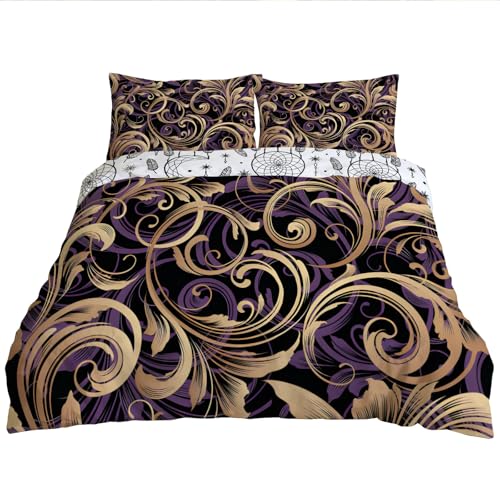 YZQGLHP Bettwäsche 220x240, Vintage Luxus Wendebettwäsche, Violett Gold Motiv Bettbezug mit Reißverschluss, Weiche Mikrofaser Bettwäsche Sets 3 Teilig mit 2 Kissenbezug 80x80