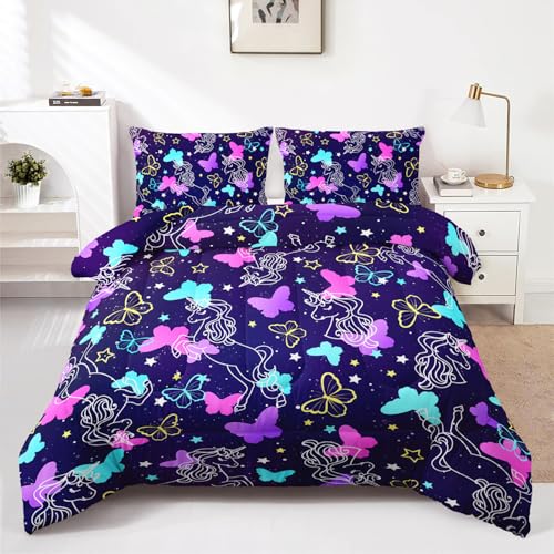 HOTRCR 3-teiliges Einhorn-Bettwäsche-Set mit Schmetterlingen, Galaxie-Bettwäsche-Set für Mädchen und Erwachsene, Schlafzimmer- oder Raumdekoration, Ganzjahresdecke, Mikrofaser-Steppdecke mit 2