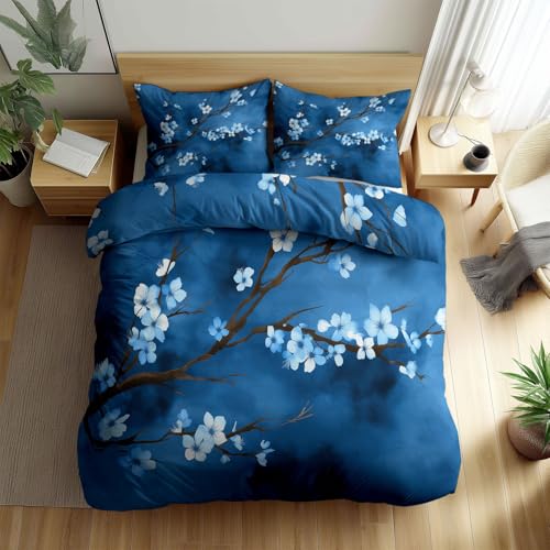 Chinesische Tuschemalerei Bettwäsche-Set 155 x 220 cm Hellblau Hintergrund Pflaumenblüten Bettbezug, Wendebettwäsche und Kissenbezug - Weiche & Angenehme Allergiker Bettwäsche-Sets mit Reißverschluss