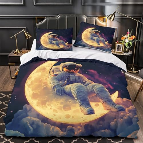 Astronaut sitzt auf dem Mond 3D bedruckt Bettdeckenbezug 3teilig Mikrofaser pflegeleicht Weltraum-Fantasy-Illustra tion Bettbezug 2 Kissenbezüge abriebfest Jungen Mädchen Super king?260x220cm?