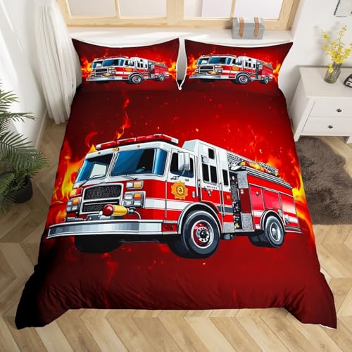 Feuerwehr LKW Bettbezug, Kinder Bettwäsche Set für Jungen, Mädchen, Kinder, Teenager, Schlafzimmer, Dekoration, Feuerwehrauto Muster, Bettdeckenbezug, King Size Größe, 2 Kissenbezügen
