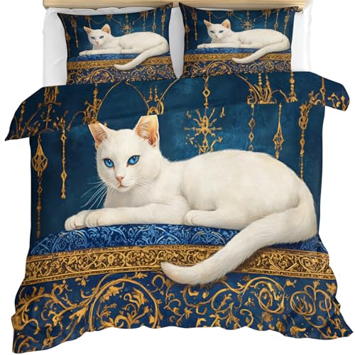 Katzen-Bettbezug für Einzelbett, Katzen-Bettwäsche-Set, 3-teilig, Schlafzimmer-Dekor, orientalischer Stil, Bettbezug-Set und 2 Kissenbezüge mit Reißverschluss, 135 x 200 cm