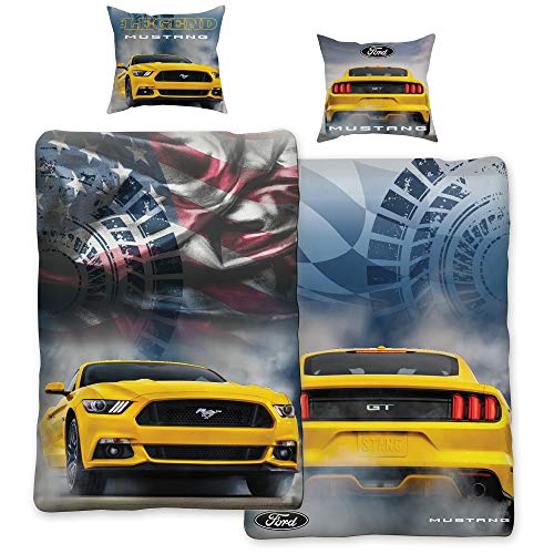 Ford Mustang Bettwäsche Legend Gelb/Blau 135 cm x 200 cm + 80 cm x 80 cm Stang Pony-US-Muscle-Car 100% Baumwolle in Renforcé-Linon-Qualität Shelby GT 2 Motive Wendebettwäsche Reißverschluss 008