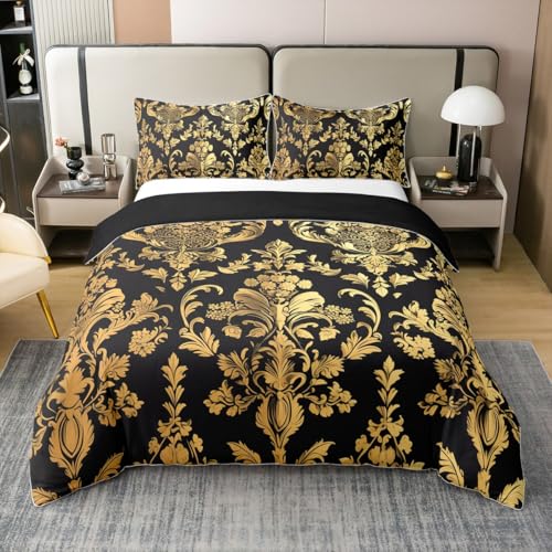 Loussiesd Gold Schwarz Vintage Floral 100% Baumwolle Bettwäsche Set 200x200cm Gotik Bohemia Boho Blume Betten Set für Oriental Antik Bettbezug Set Luxus Bettwäsche-Set