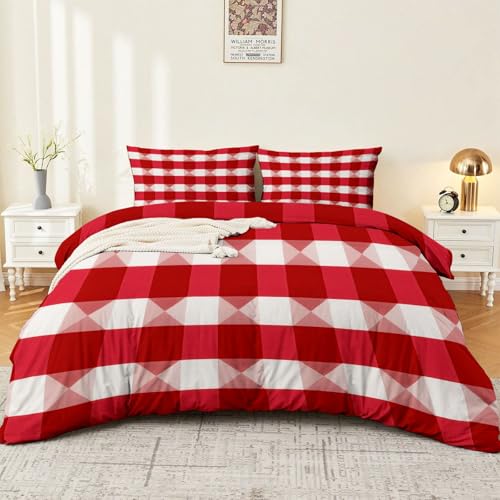 Bettwäsche 135 x 200 cm Set, Weich Atmungsaktiv Microfaser Bettbezug mit Minimalistisch Rot Kariert Muster, Rot Weiß Bedruckter Reißfest Langlebig Bettbezug Set für Jungs Männer Frauen