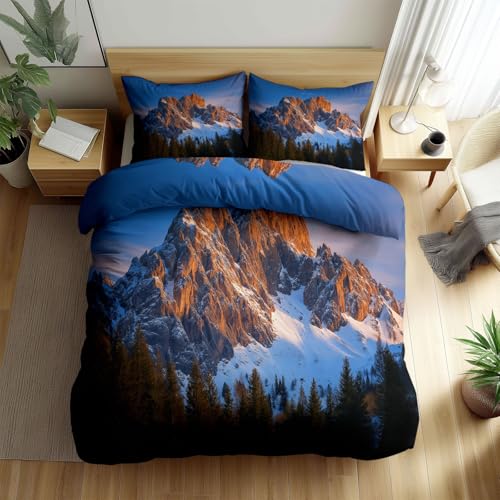 Generisch Bettwäsche 135x200cm Schneeberg- Und Waldlandschaft Mikrofaser Bettbezug Set, Weich Bügelfrei Bettwäsche-Sets für Kinder Junge Mädchen Zimmer Dekoration, mit 2 Kissenbezüge
