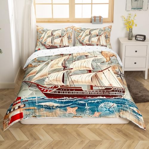 Homemissing Bettwäsche Set 155x220cm Segelboot Bettbezug Set für Jungen Mädchen Ozean Thema Betten Set Atmungsaktive Weiche Leichte Beige Braun