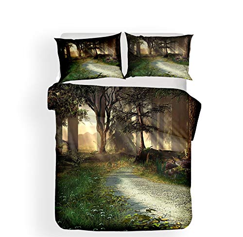 Stillshine Bettwäsche Set Kind Einzelbett Bettbezug 135x200 Wald Neblig Szenerie Grün 3D Pflanze Blume Gras Pilz Weich und Bequem Feuchtigkeitsfest Anti-Milbe