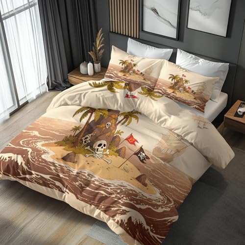 Generisch Bettwäsche 155x220 Piraten Totenkopf Segelboot, Weiche Bügelfreie Mikrofaser Bettbezug Set 2tlg, Nautisch Kinder Muster Schlafzimmer Deko, 1 Kissenbezug 80x80, mit Reißverschluss IAV9