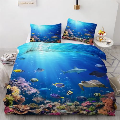 ROUSKI Bettwäsche Fisch 135x200 cm 2teilig 100% Mikrofaser Kinderbettwäsche Ozean Thema Wendebettwäsche mit Reißverschluss 3D Motiv Zimmer Dekor Bettwäsche-Sets mit Kissenbezüge 80x80